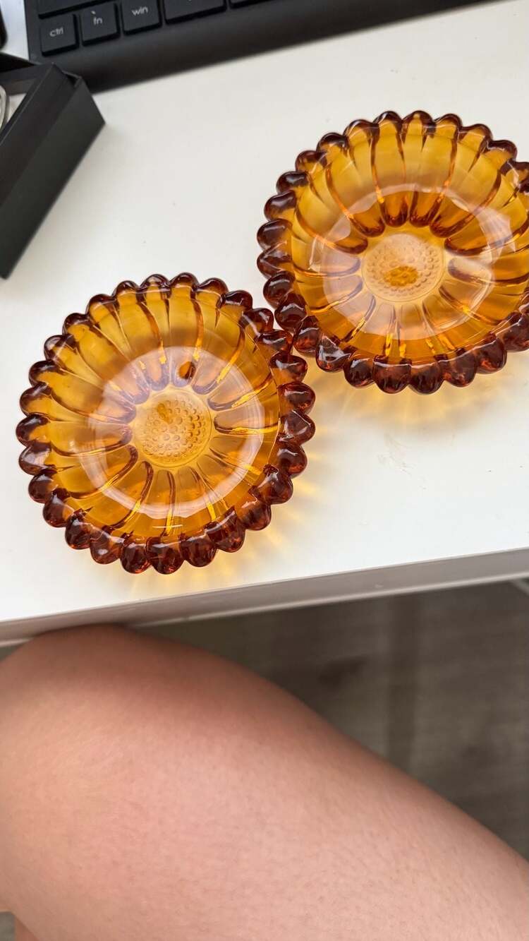 Vintage Amber Glass Sunflower Trinket Dish or Ashtray